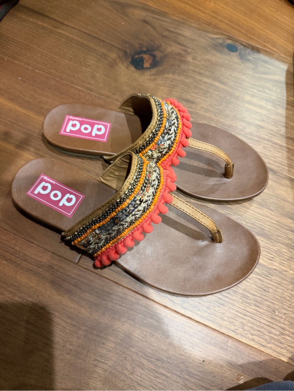 POP Beaded Pom-Pom Toe-Post Sandals in Brown and Coral